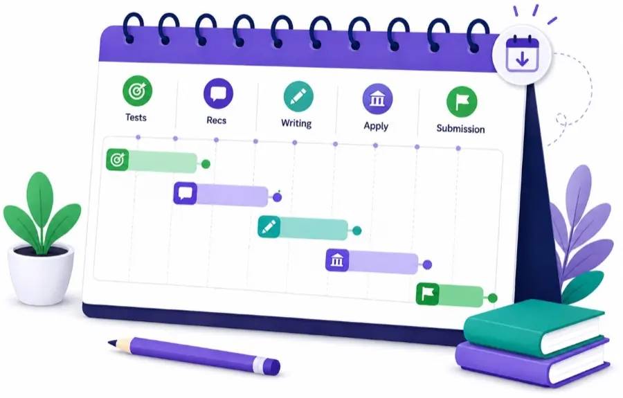 Desk calendar marked with test, recommendation, writing, apply, and submission dates