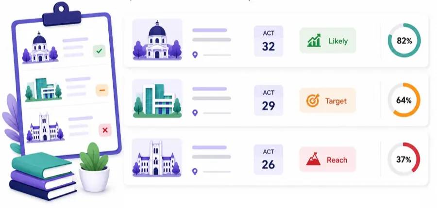 Compare view of a college list with checklists, ACT ranges, planning labels, and estimated fit percents