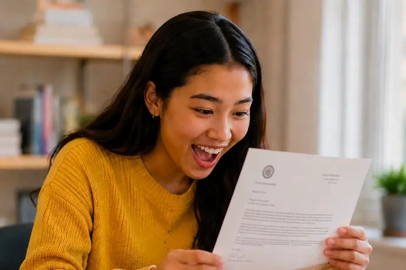 Student reading a college acceptance letter