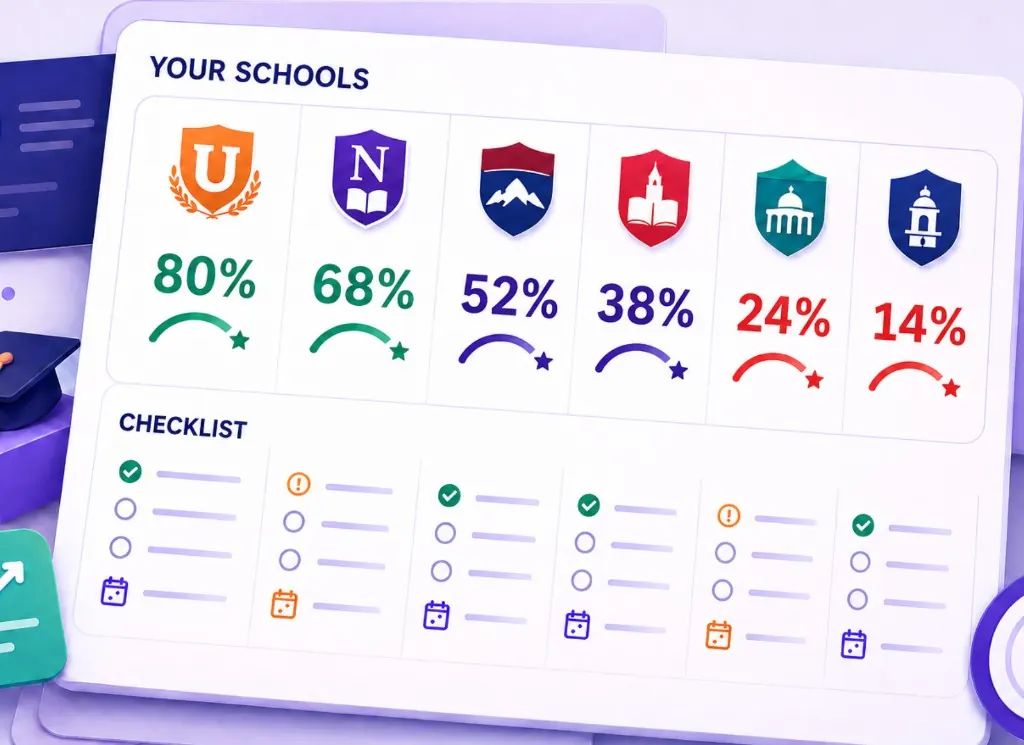 College list dashboard with planning labels and estimated fit for six schools