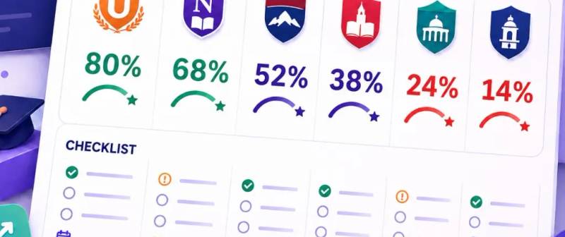 College list dashboard with planning labels and estimated fit for six schools